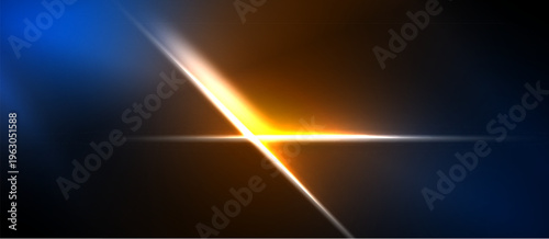 Abstract light streaks intersect. Blue, orange hues dominate dark background. Brightness creates dynamic visual effect.