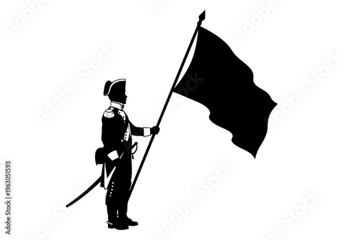 Silhouette of a uniformed soldier holding a black waving flag