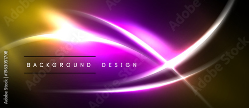 Abstract neon lines create vibrant, flowing design. Yellow, purple hues dominate dark background. Modern, energetic visual.