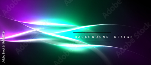 Abstract vibrant lines create dynamic energy. Purple, teal, white blend into dark background. Modern design element.