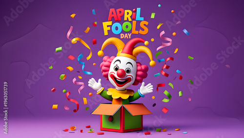 A cheerful clown popping out of a box on april fools day with colorful confetti