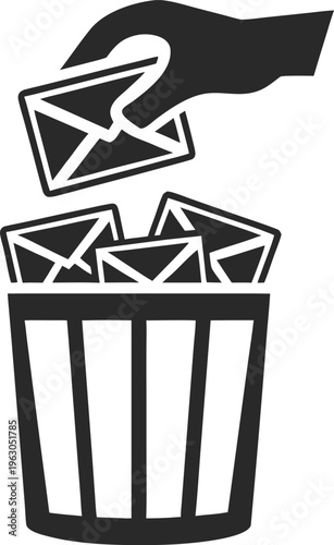 A hand dropping an envelope into an overflowing wastebasket