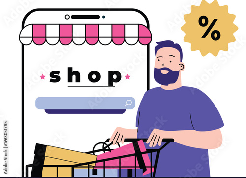 Man with shopping cart browsing deals on a mobile shopping application for discounts and bargains