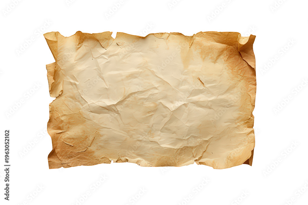 Fototapeta premium Crumpled antique paper with burnt aged edges and vintage texture, old parchment scroll document background transparent