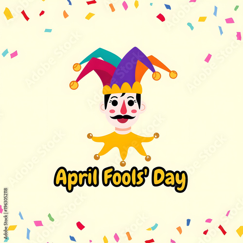 April fools day colorful illustration with jester and confetti