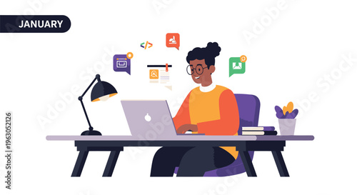 Woman Working on Laptop at Desk January 1.