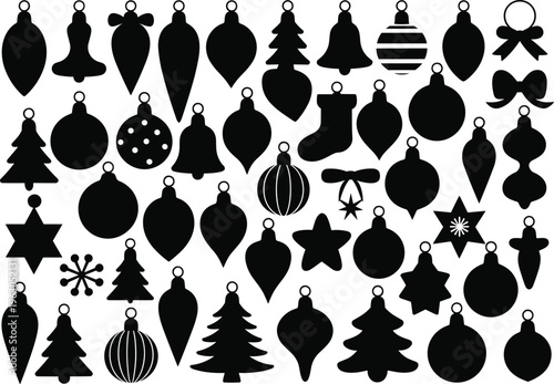 Christmas ornament silhouettes, festive holiday decoration icons, seasonal baubles and stars, winter celebration symbols, black decorative shapes, holiday design elements