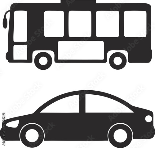 Black silhouette icons depicting a public bus and a passenger car