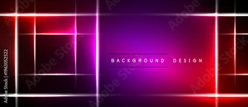 Abstract neon lines form rectangles, gradients shift from purple to red. Dark background emphasizes bright illumination, modern design element.