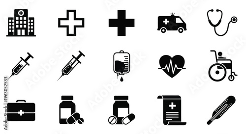 Black medical icons depicting healthcare symbols equipment and emergency services