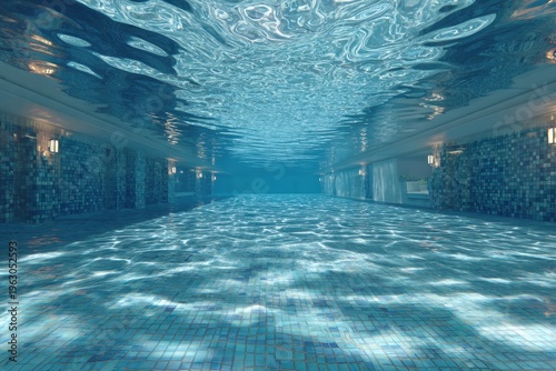 Underwater Perspective of a Serene Indoor Pool with Blue Tiles and Light