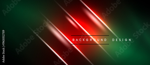 Abstract background features vibrant red, green gradients. Diagonal lines create dynamic light effects. Minimalist text overlay present.