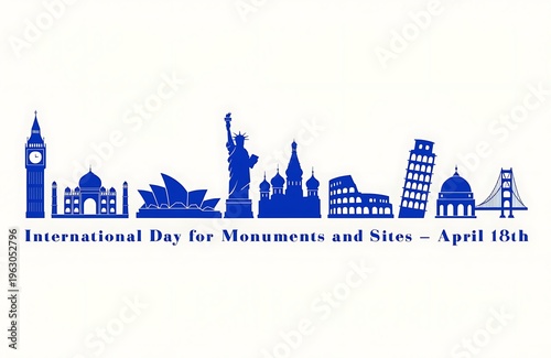 International Day for Monuments and Sites Poster Featuring Famous World Landmarks and Blue Silhouettes Celebrating April 18

