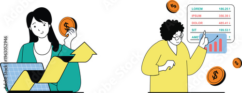 Two people discussing financial data and investment strategies using digital tools and charts together