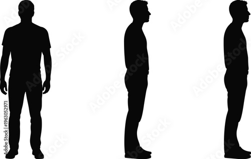 Three black silhouettes of standing person, front view, side profile, posture artwork, human figure design, biometric concept, modeling illustration, identity study