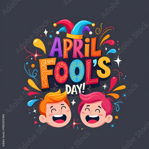 Colorful illustration of april fools day with two happy cartoon faces