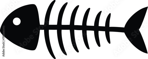 Fotografie Simple black silhouette of a fish skeleton against a white background