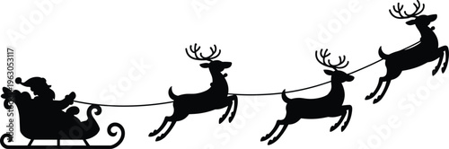 Santa Claus silhouette in sleigh, flying reindeer, Christmas festive artwork, holiday tradition, winter celebration, iconic seasonal design, gift delivery illustration