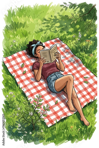 Young woman lying on red checkered blanket reading book in lush green park. Digital watercolor illustration of girl relaxing on picnic blanket in the grass. Summer leisure concept with reading lady