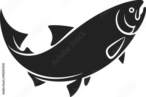 Fish silhouette, leaping salmon, trout design, aquatic symbol, seafood logo, fishing illustration, bold graphic, nature icon, black outline, dynamic pose