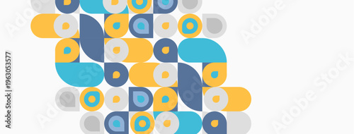 Abstract geometric shapes overlap. Circles, squares, rectangles form colorful pattern. Light background contrasts with vibrant hues.