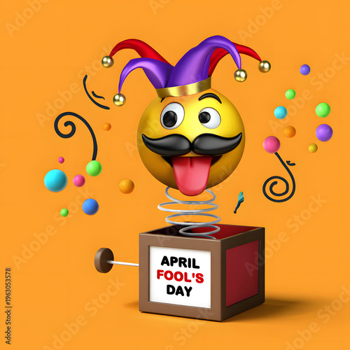 A cartoon emoji wearing a jester hat pops out of an april fools day jackinthebox on orange background