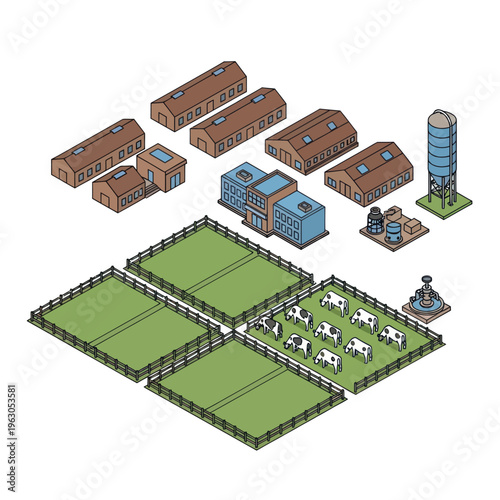 Isometric Farm Buildings and Animals Illustration.