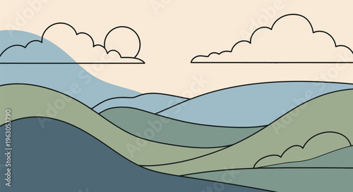 Serene Landscape with Rolling Hills and Clouds.