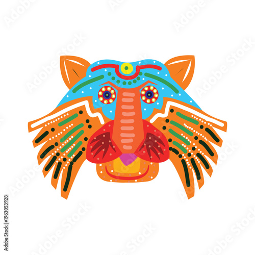 Vibrant folk art tiger mask vector for Pohela Boishakh celebration. Colorful Bengali traditional illustration for festivals, Mongol Shobhajatra, and cultural events. Editable EPS format. Traditional.