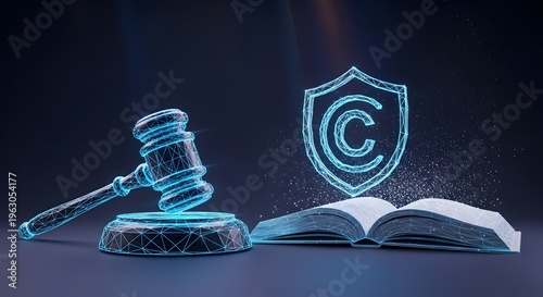Digital gavel and copyright shield next to an open book, symbolizing high quality 4K AI generated