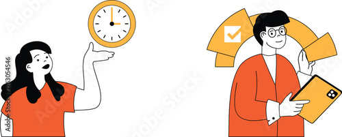 A woman surprised by time while another confidently holds completed tasks and a checklist clipboard