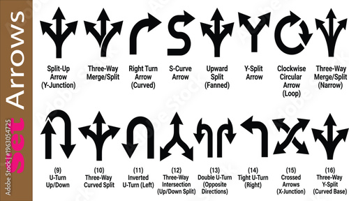 Business company logo design set featuring a collection of black vector icon symbols and web illustration elements with arrow signs for direction
