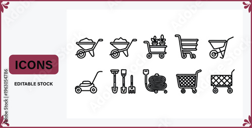 Editable stock icons of gardening and shopping carts and tools on white background with decorative border