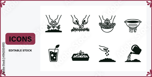Set of garden and planting icons including hands holding plants seedlings sprouts watering can colander and glass with leaf  gardening and growth concepts