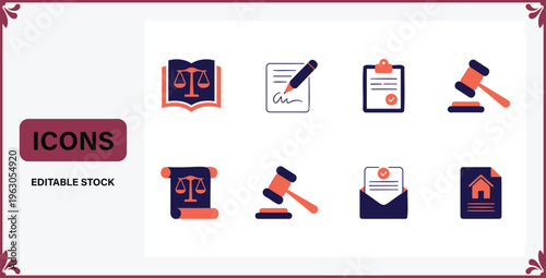 Set of eight flat color law and justice icons on white background  editable stock vector graphics