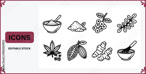 Set of handdrawn line icons of food and herbal ingredients including berries leaf spice and mortar  simple illustrations