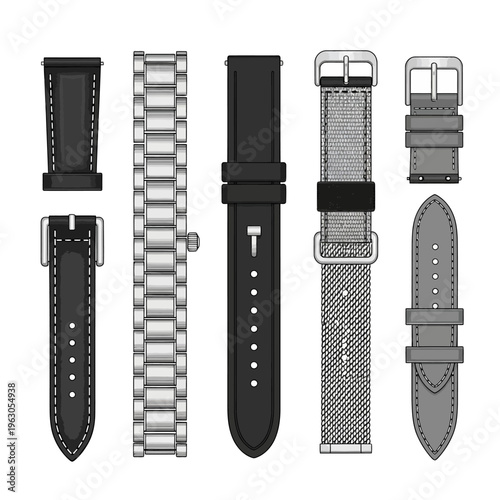 Collection of diverse watch straps: leather, metal, fabric, and rubber.