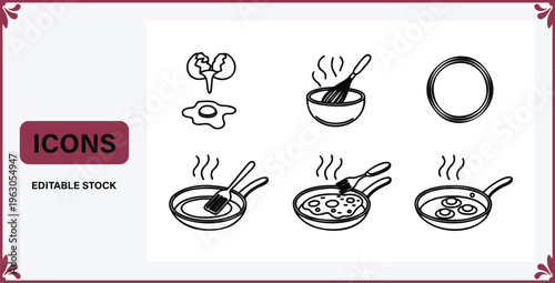 Set of line icons for kitchen cooking utensils and food frying pan bowl plate egg meat frying oil  editable stock