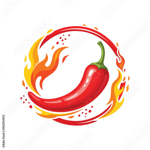 Fiery Red Chili Pepper Illustration with Dynamic Flames in a Circular Design