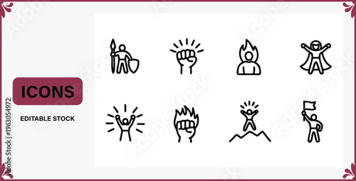 Set of line icons depicting people celebrating and expressing emotions with hands and flags  joyful human expressions