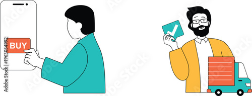 Online shopping experience with delivery confirmation and a customer making a purchase on mobile device