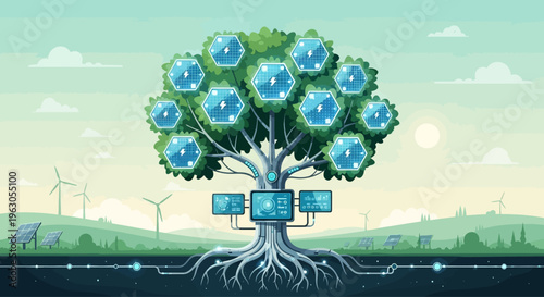 Eco-friendly technology tree with solar panels, wind turbines, and digital screens