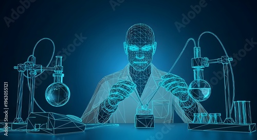 Futuristic low poly scientist in lab with flasks, abstract science high quality 4K AI generated