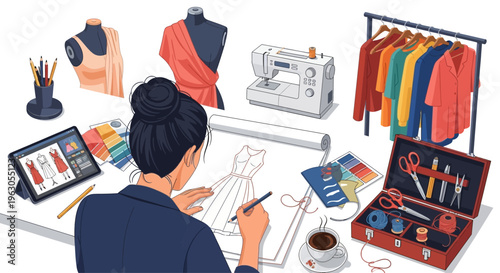 Fashion Designer Sketching Dress Design with Sewing Machine, Mannequins, Fabric Swatches & Clothes Rack