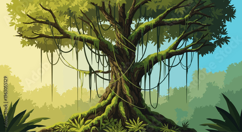 Enchanted ancient tree with hanging vines and lush green foliage in a mystical forest