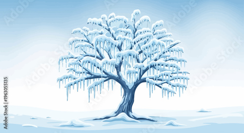 Frozen Tree Covered in Ice and Snow, Winter Landscape with Icicles