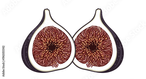 Fresh Ripe Fig Halved, Showing Juicy Interior with Seeds, Isolated on White Background
