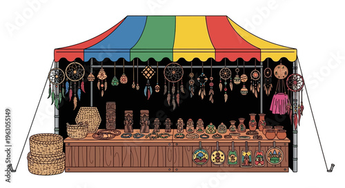 Handmade Native American Crafts Stall with Dreamcatchers and Pottery at Outdoor Market