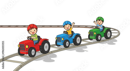 Happy kids in colorful tractors on a track, enjoying a fun ride