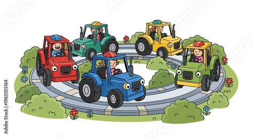 Happy cartoon tractors driving in a circle with children, colorful farm vehicles on a track